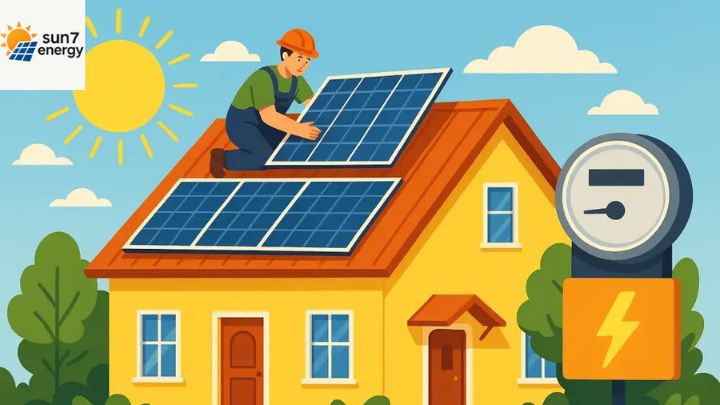 Trabalhador instalando placas solares