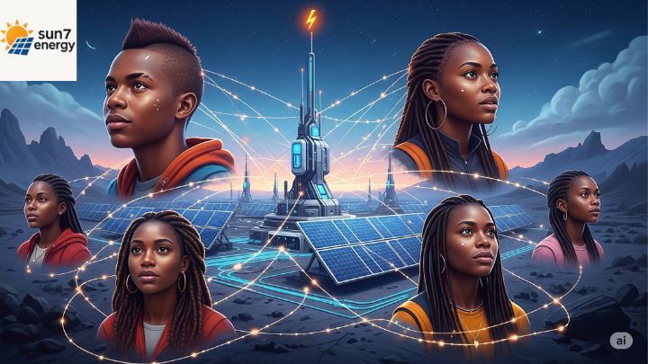 Quanto Você Realmente Economiza com Energia Solar? 5 Arte digital mostrando pessoas conectadas a uma usina solar remota