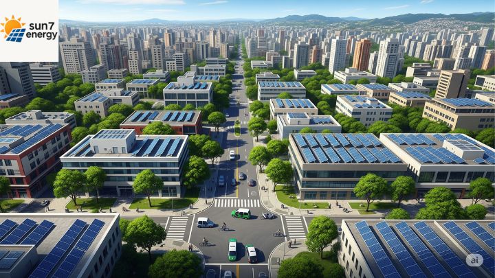 Diversos edifícios residenciais e comerciais com painéis solares