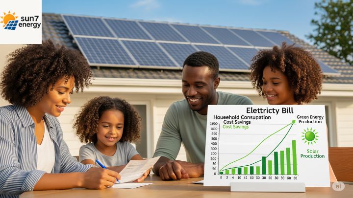 Família analisando conta de luz com gráfico de economia ao lado de painel solar em telhado residencial