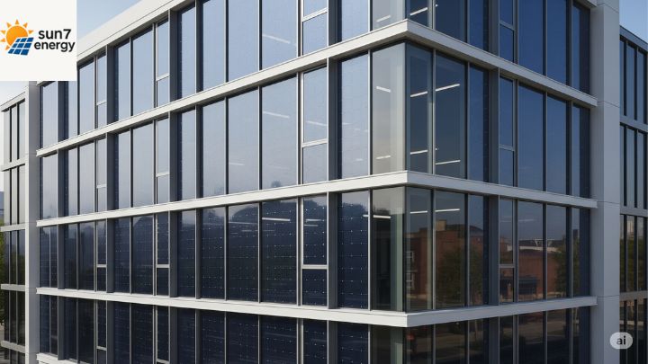 Placas Solares Inovadoras: O Que Vem por Aí? 4 Painéis solares OPV instalados em vidraças de um prédio comercial moderno