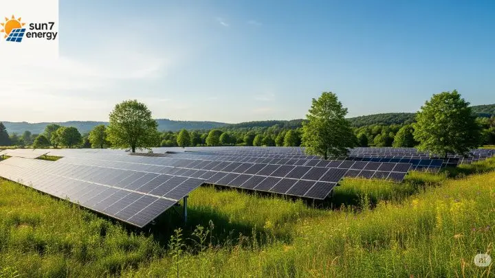 Painéis solares em um campo com céu azul e vegetação verde ao redor
