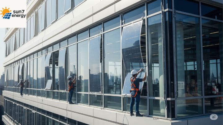 Painéis solares transparentes e flexíveis sendo instalados em janelas e fachadas