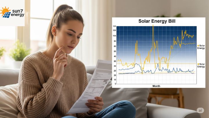 Pessoa analisando conta de luz com gráfico solar ao lado
