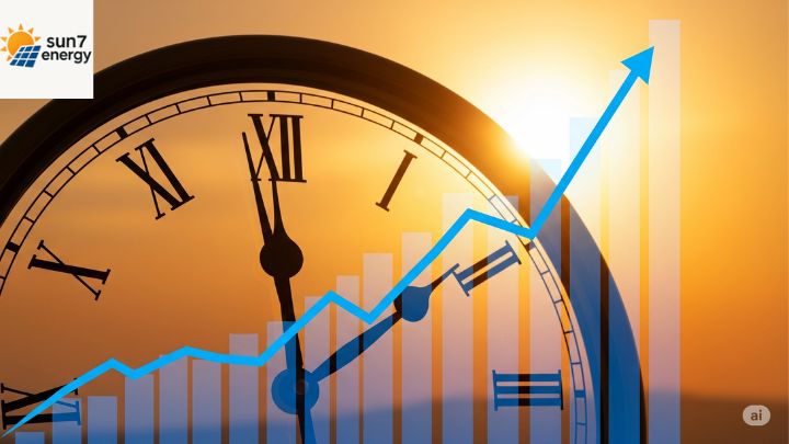 Relógio com sol ao fundo e gráfico de alta