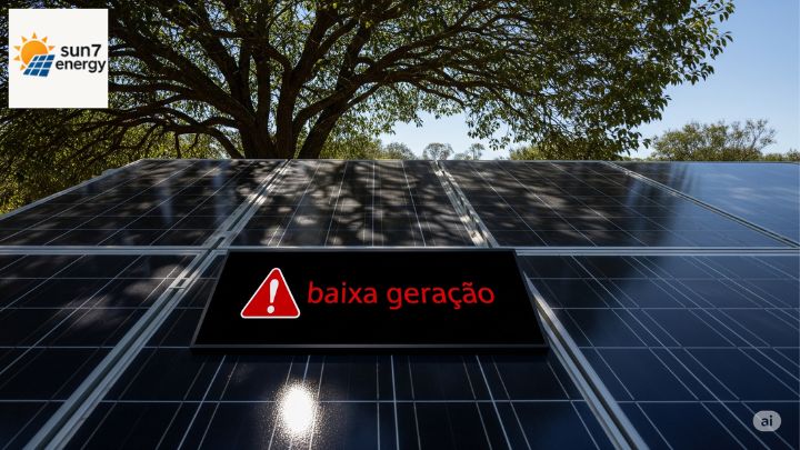 Um painel solar coberto por sombra de uma árvore grande