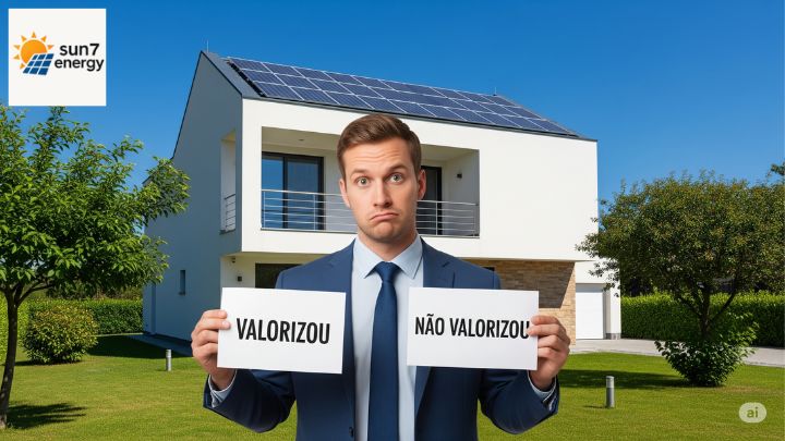 Uma casa com energia solar sendo avaliada por um corretor com expressão de dúvida