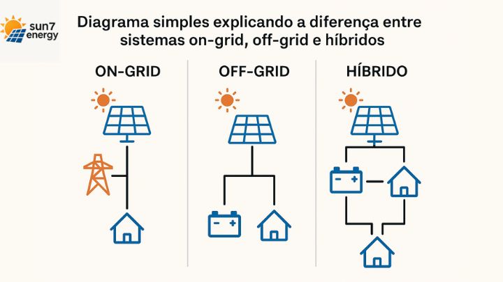 Energia solar com bateria: Vale a pena investir? 3 Diagrama simples explicando a diferença entre sistemas on-grid, off-grid e híbridos
