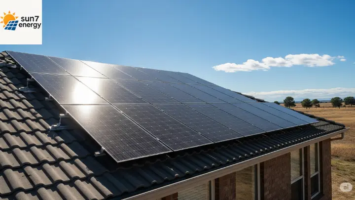 Um painel solar instalado em uma residência com o céu ao fundo e luz solar direta sobre ele