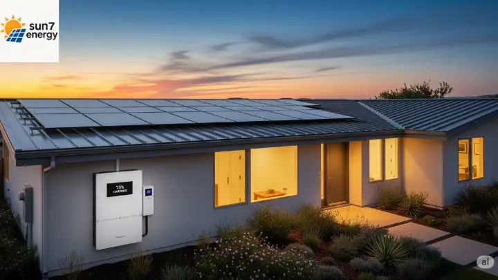 bateria solar ideal: Uma casa com sistema solar e bateria de armazenamento