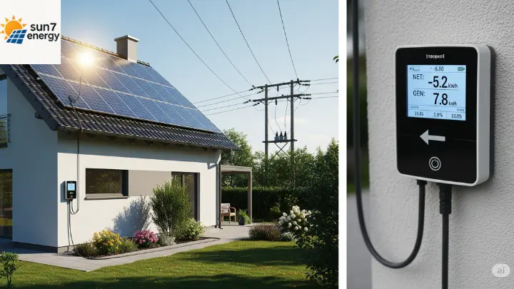 Fornecedor de Equipamentos a Energia Solar: Como Escolher os Melhores? 2 Uma casa com painel solar e o contador de energia medindo o consumo