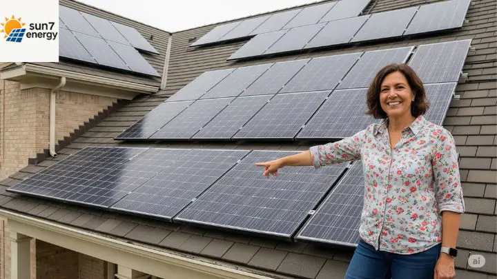 Placas Solares Inovadoras: O Que Vem por Aí? 3 Pessoa apontando para diferentes placas solares instaladas no telhado de uma casa